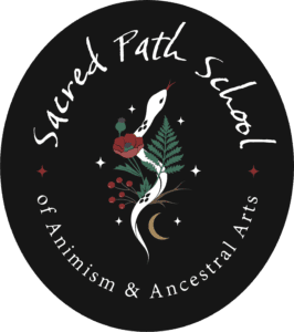 Sacred Path School of Animism and Ancestral Arts logo - a white snake intertwined with flowers, berries, ferns, and a crescent moon on a black background